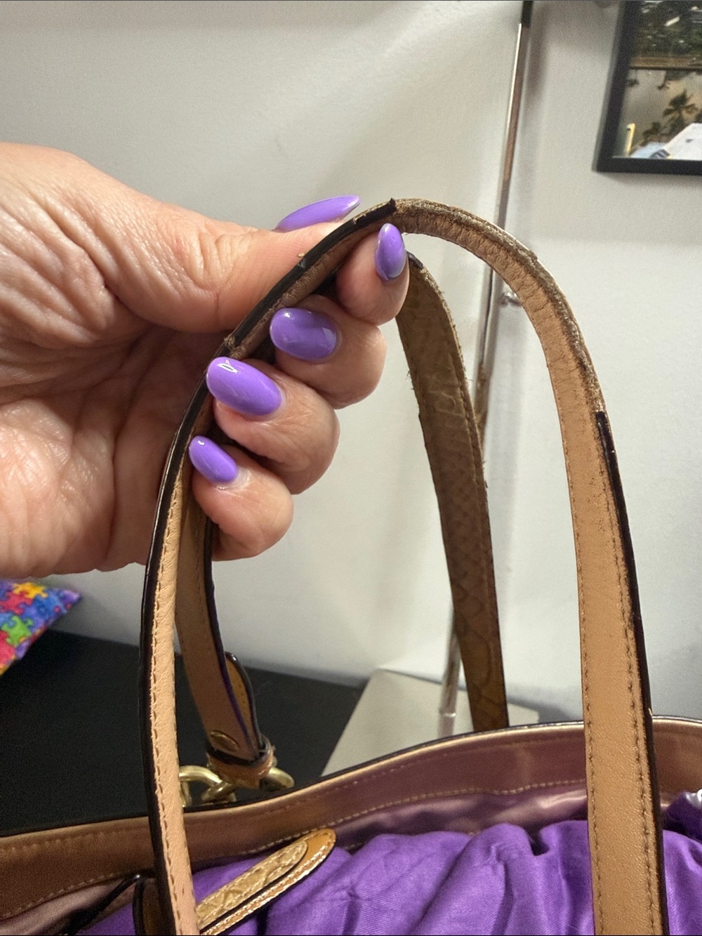 Coach Tan Leather Shoulder Bag with Floral Scarf Accent - Picture 13 of 16